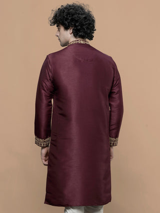 Men's Maroon Embroidered Kurta