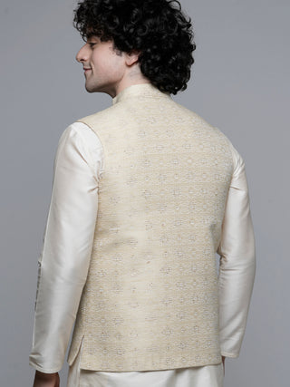 Men's Fawn Woven Designed Jacket and Kurta Set