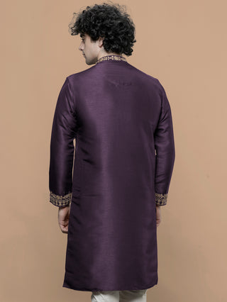 Men's Wine Embroidered Kurta