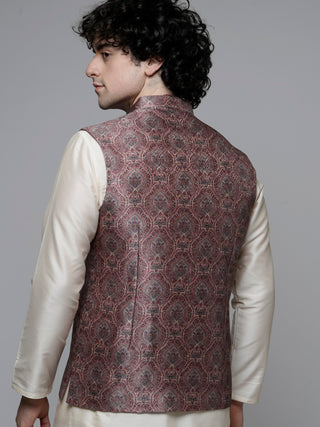 Men's Printed Nehru Jacket (Maroon)