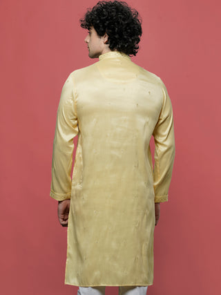 Maahi Fabs Men's Sequin Embroidered Yellow Kurta Set