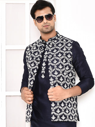 Men's Embroidered Navy Blue Jacket Set