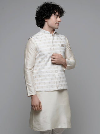 Men's Woven Designed Cream Nehru Jacket