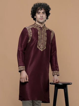 Men's Maroon Embroidered Kurta