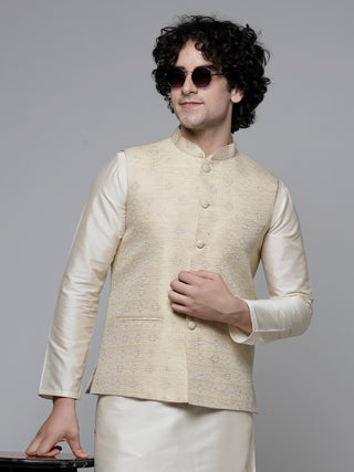 Men's Fawn Woven Designed Jacket and Kurta Set