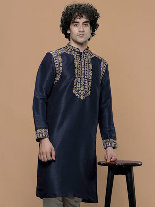 Men's Navy Blue Embroidered Kurta