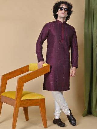 Men's Wine Sequin Embroidered Kurta