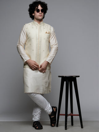 Men's Cream Mirror Work Jacket and Kurta Set