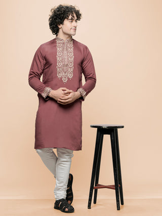 Men's Red Embroidered Kurta