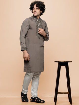 Men's Grey Embroidered Kurta