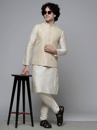 Men's Fawn Woven Designed Jacket and Kurta Set