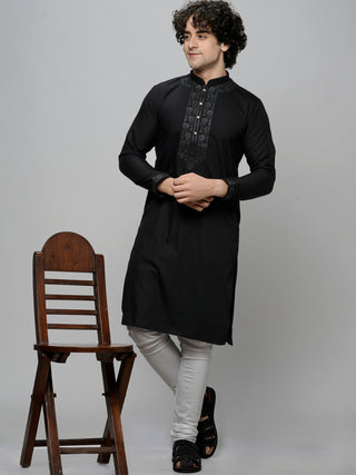 Men's Black Embroidered Cotton Kurta