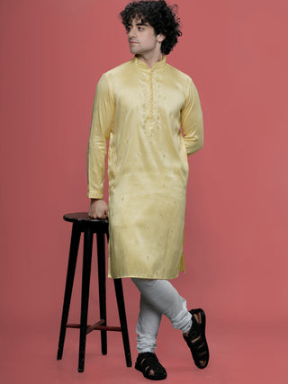 Maahi Fabs Men's Sequin Embroidered Yellow Kurta Set