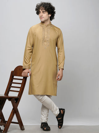 Men's Beige Cotton Embroidered Kurta