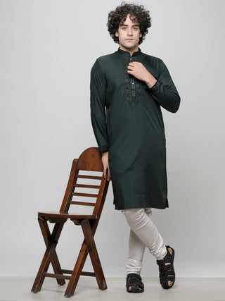 Men's Bottlegreen Cotton Embroidered Kurta