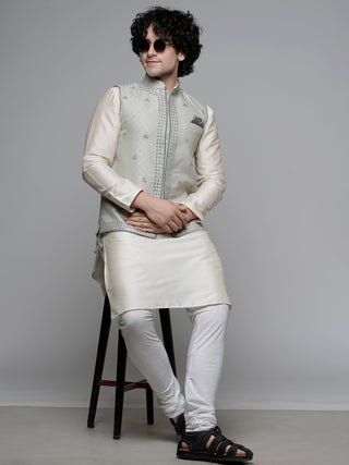 Men's Grey Mirror Work Jacket and Kurta Set