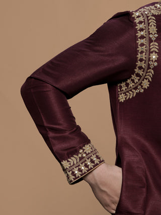 Men's Maroon Embroidered Kurta