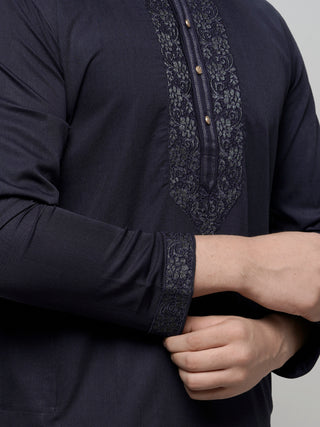 Men's Navy Blue Cotton Embroidered Kurta