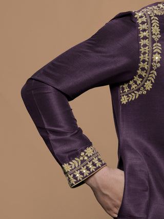 Men's Wine Embroidered Kurta