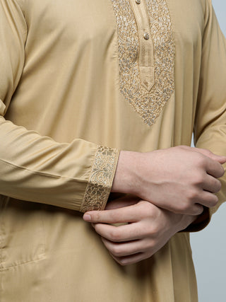 Men's Beige Cotton Embroidered Kurta