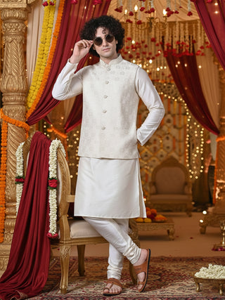 Men's Kurta Pyjama & Embroidered Nehru Jacket Set