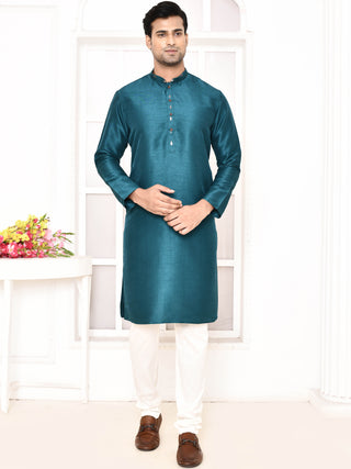 Men's Printed Torquoise Kurta & Jacket Set