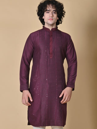 Men's Wine Sequin Embroidered Kurta