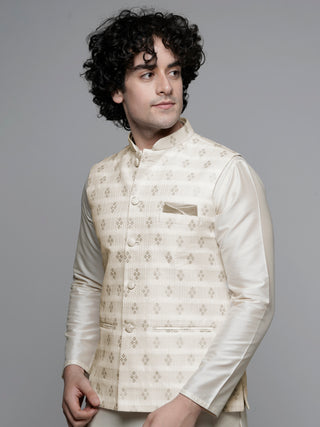 Men's Woven Designed Beige Nehru Jacket