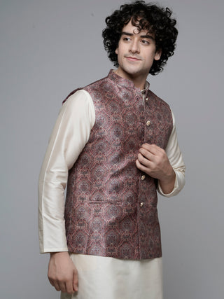 Men's Printed Nehru Jacket (Maroon)