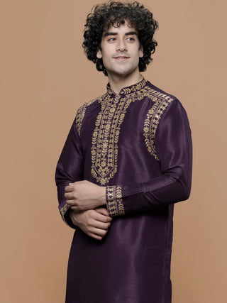 Men's Wine Embroidered Kurta