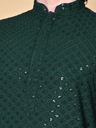 Maahi Fabs Men Chikankari Cotton Green Kurta with Pajama