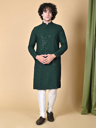 Maahi Fabs Men Chikankari Cotton Green Kurta with Pajama