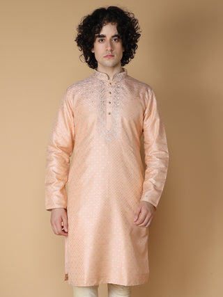 MAAHI FABS Men's Peach Jacquard Kurta Pajama Set