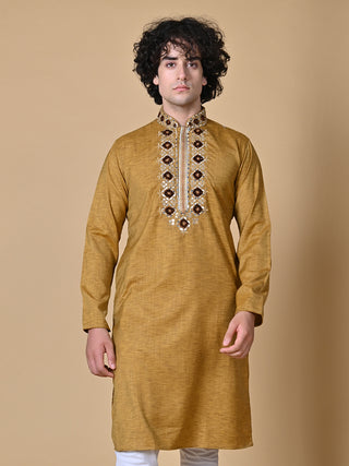 Maahi Fabs Mustard Cotton Blend Embroidery Kurta and Pajama