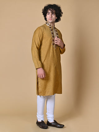 Maahi Fabs Mustard Cotton Blend Embroidery Kurta and Pajama