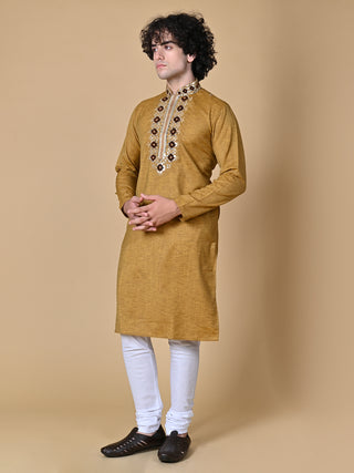 Maahi Fabs Mustard Cotton Blend Embroidery Kurta and Pajama