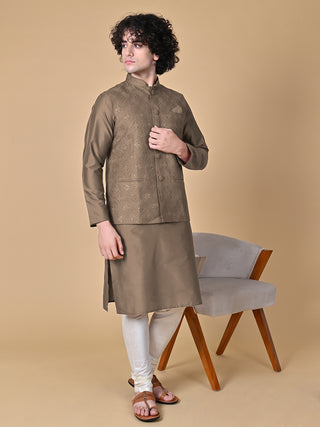 Men's Brown Embroidered Kurta & Jacket Set