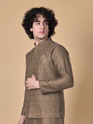 Men's Brown Embroidered Kurta & Jacket Set