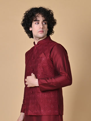 Men's Maroon Embroidered Kurta & Jacket Set