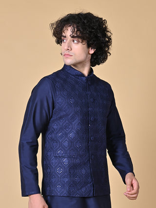 Men's Navy Blue Embroidered Kurta & Jacket Set