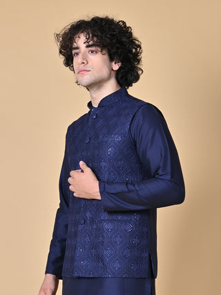 Men's Navy Blue Embroidered Kurta & Jacket Set