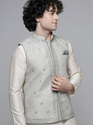 Men's Grey Mirror Work Jacket and Kurta Set