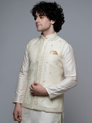 Men's Cream Mirror Work Nehru Jacket