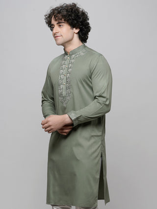 Men's Green Cotton Embroidered Kurta