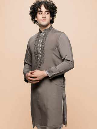 Men's Grey Embroidered Kurta