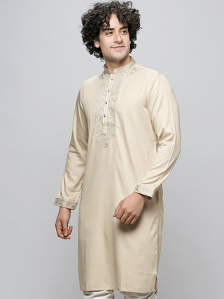 Men's Fawn Cotton Embroidered Kurta