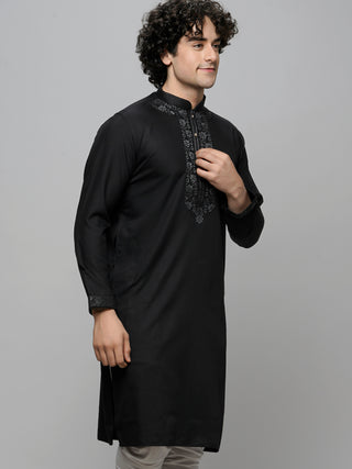 Men's Black Embroidered Cotton Kurta