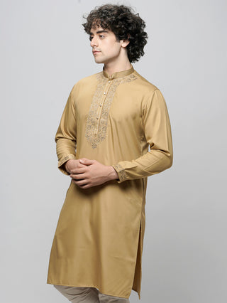 Men's Beige Cotton Embroidered Kurta