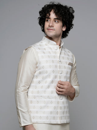 Men's Woven Designed Cream Nehru Jacket