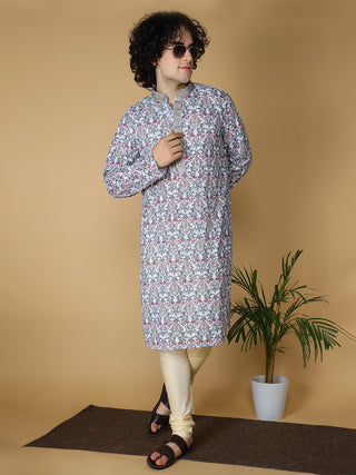 Maahi Fabs White Rayon Printed Kurta with Pajama